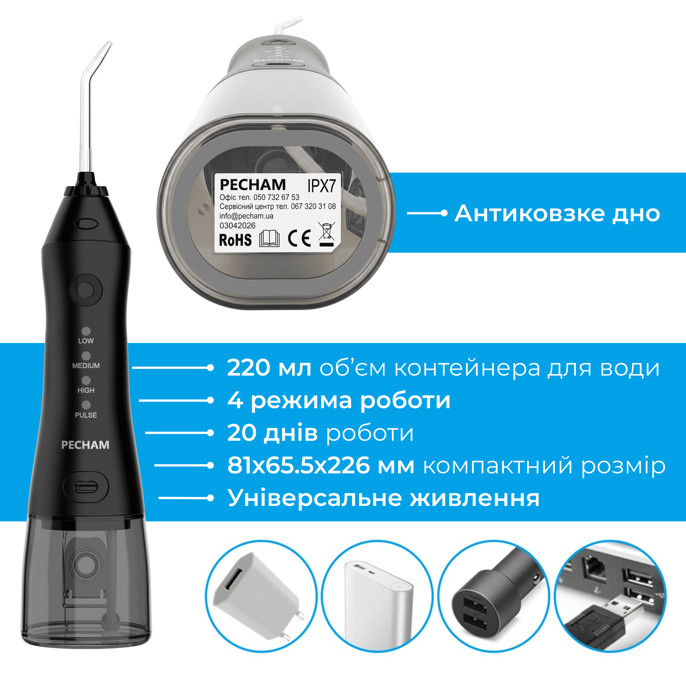 Іригатор Pecham travel black PC-1581 + річний запас насадок