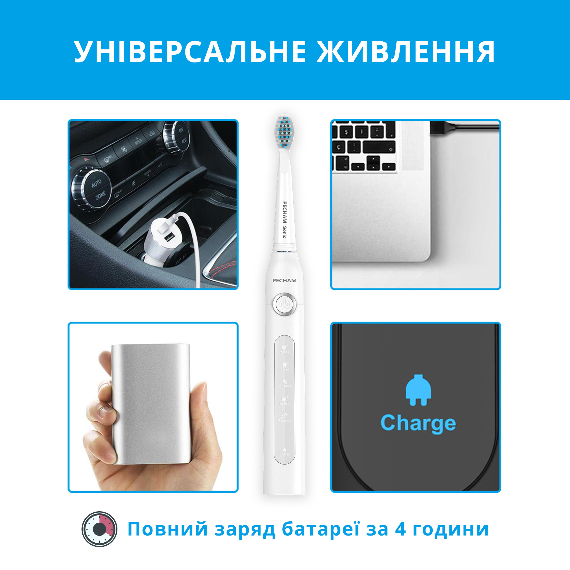 Звукова електрична зубна щітка PECHAM White Travel PC-081 + річний запас насадок