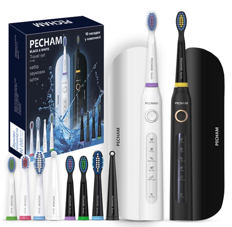 Набір звукових зубних щіток PECHAM Black and White Travel Set PC-084 + річний запас насадок